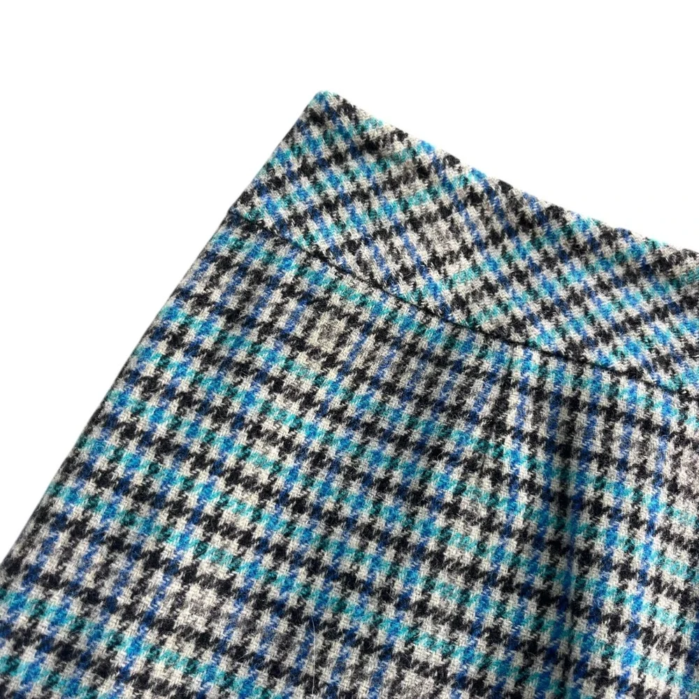 Talbots Petites Women's 8P Blue Teal Houndstooth Plaid Wool Bl Mini Skirt Preppy