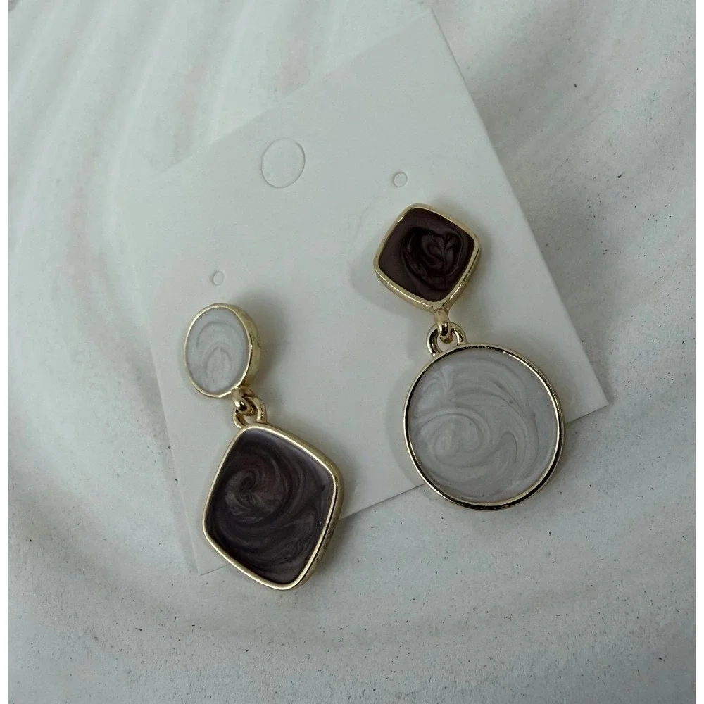 Geometric Enamel Drop Earrings Brown Ivory Gold Tone Statement New