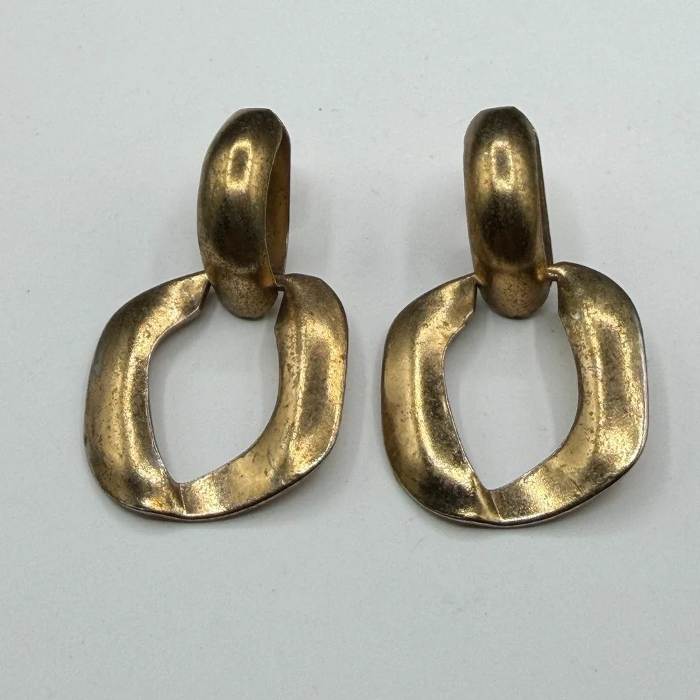 Gold Tone Geometric Door Knocker Dangle Earrings Chunky Statement Pierced Pair