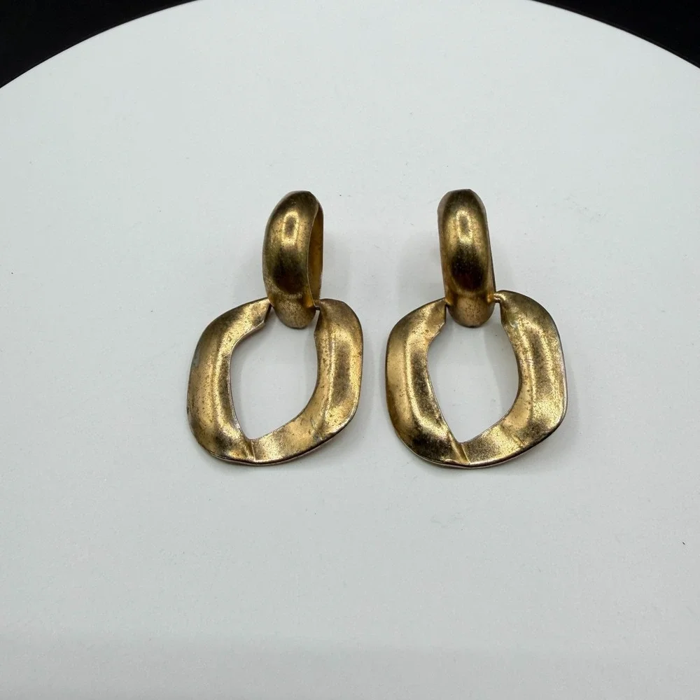 Gold Tone Geometric Door Knocker Dangle Earrings Chunky Statement Pierced Pair