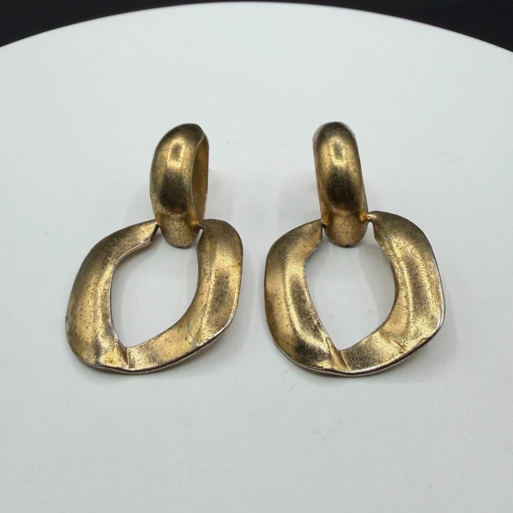Gold Tone Geometric Door Knocker Dangle Earrings Chunky Statement Pierced Pair