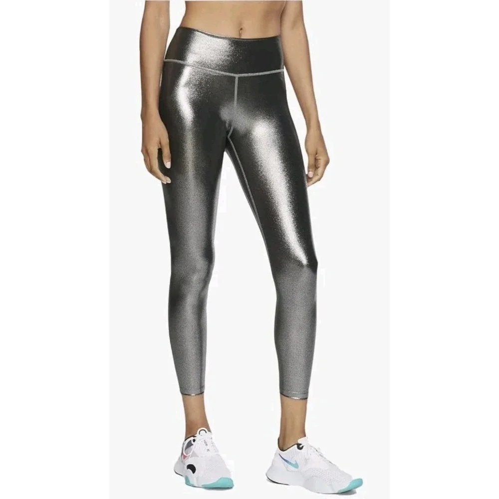 Nike Womens Sz L One Icon Clash Mid Rise 7/8 Shimmer Leggings Silver Yoga Run‎