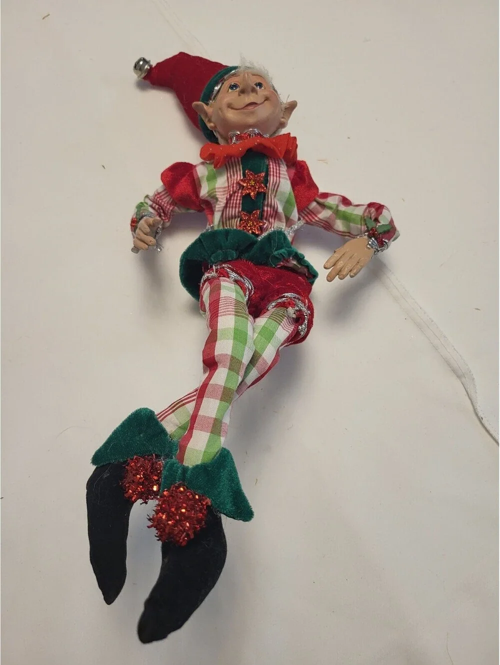 Vintage Christmas Elf Figurine with Plaid Outfit and Velvet Accents 17.5x16