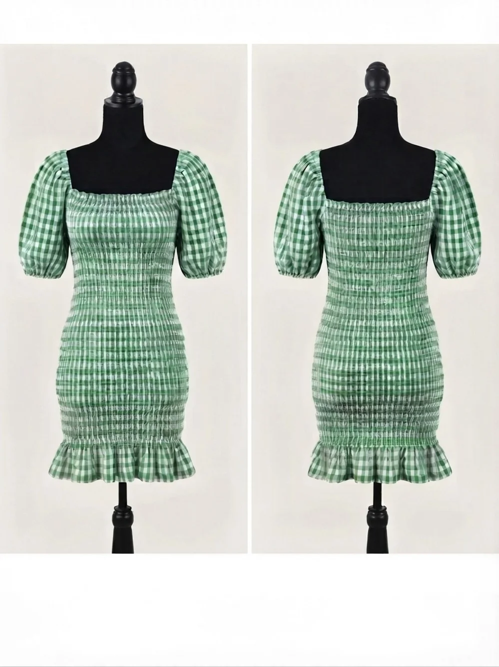 BB Dakota by Steve Madden Green Gingham Smocked Puff-Sleeve Mini Dress