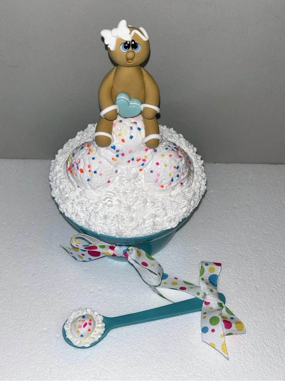 Fake Gingerbread Ice Cream Dessert Bowl  Display Handmade Teal
