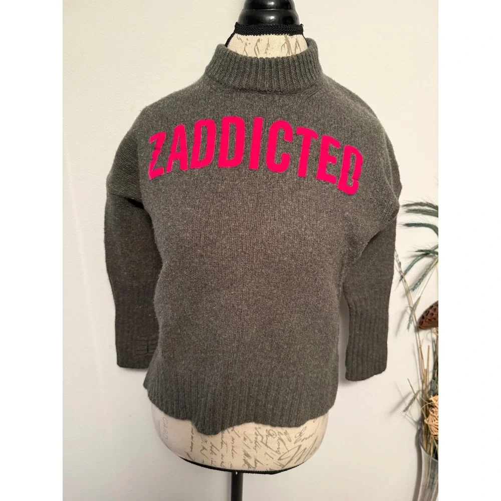 Zadig Voltaire‎ Merino Wool Sweater Green Mock Neck ZADDICTED Pink Logo Size S