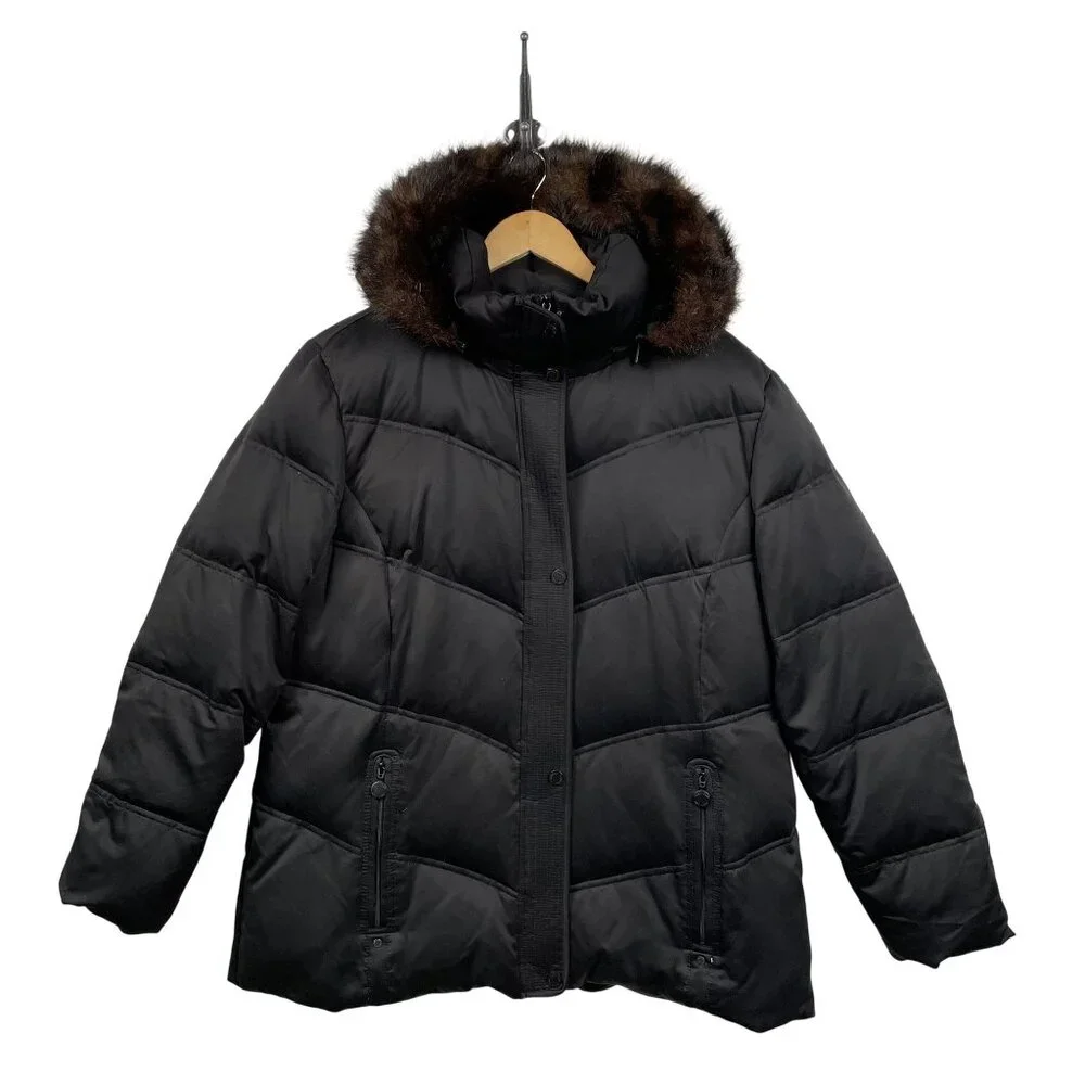 Calvin Klein Down Jacket Womens XL Black Faux Fur‎ Hood
