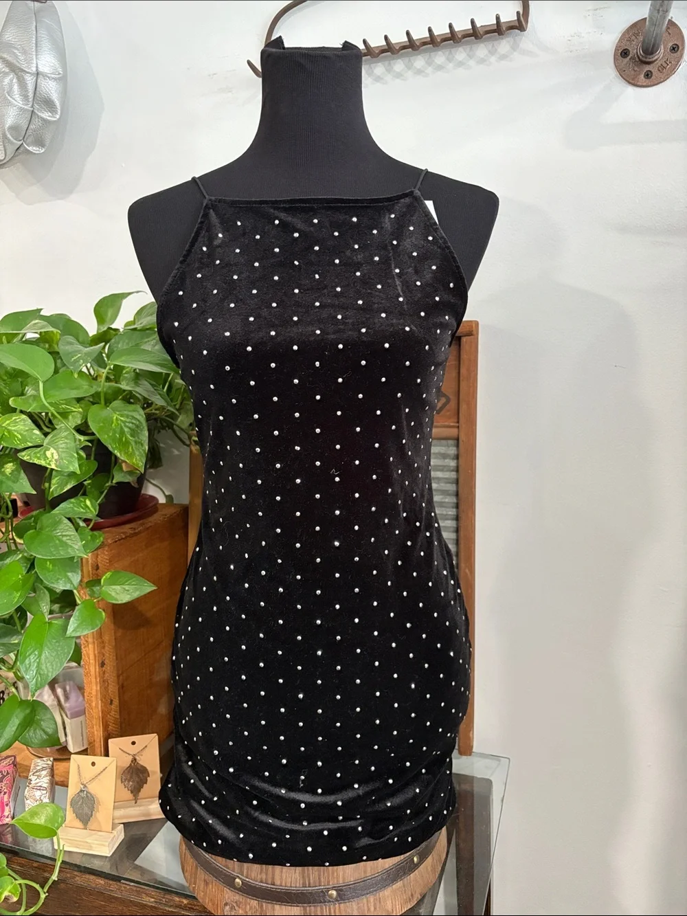 Black Polka Dot Velvet Bedazzled Mini Dress