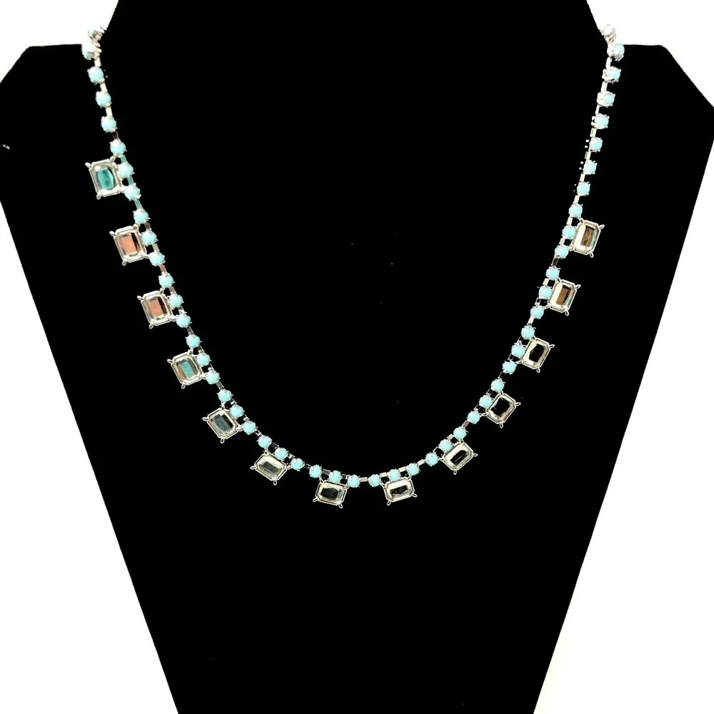 Lia Sophia Necklace‎ Pendant Silver Tone Teal Blue Beads Clear Crystals Damsel