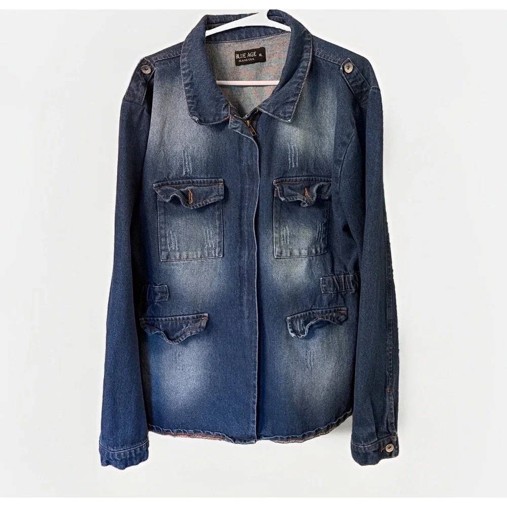100% Cotton Blue Age Jeans Woman's XL Utility Jean Denim Chore Coat Zip Retro