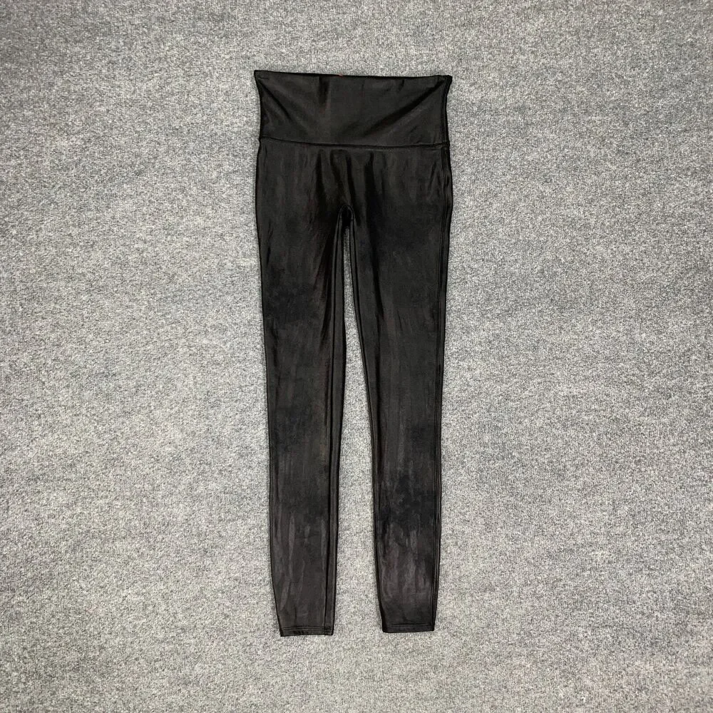 Spanx Leggings Womens M Medium Black Faux Leather Ankle High Waist Shiny Stretch