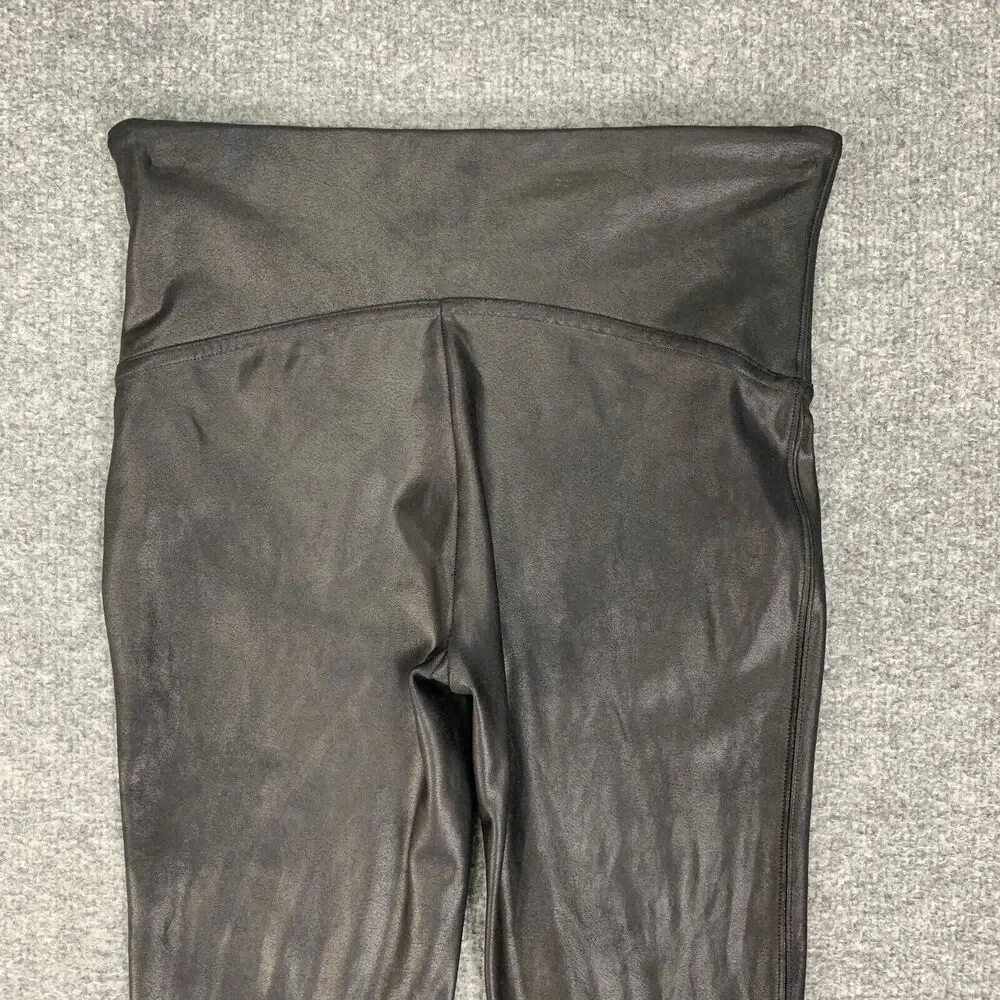 Spanx Leggings Womens M Medium Black Faux Leather Ankle High Waist Shiny Stretch