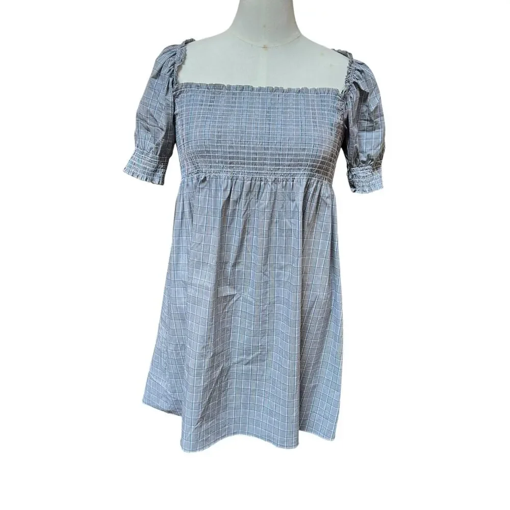 Hill House Blue Gray Plaid Smocked Puff Sleeve Mini Dress Size XL