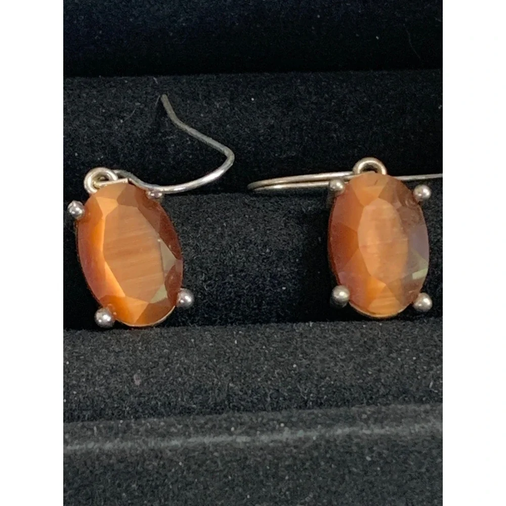Vintage Silver Tone Amber Brown Oval Faceted Stone Drop Fishhook Earrings 4526