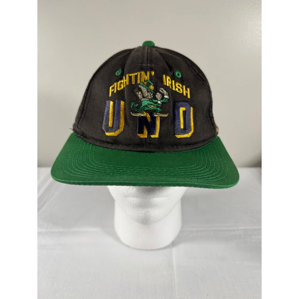 90s Vintage Notre Dame Fighting Irish Snapback Hat Black Green UND Leprechaun