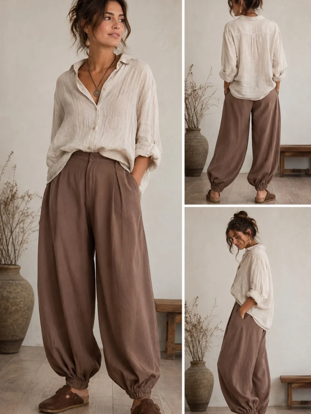 XIMIO Linen Blend Barrel Pants Charcoal Lagenlook Lantern Leg Boho Pull On Sz L