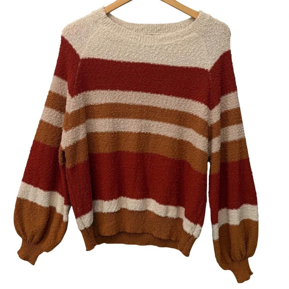 Umgee USA Womens Medium Popcorn Knit Striped Balloon Sleeve Sweater Rust Fall