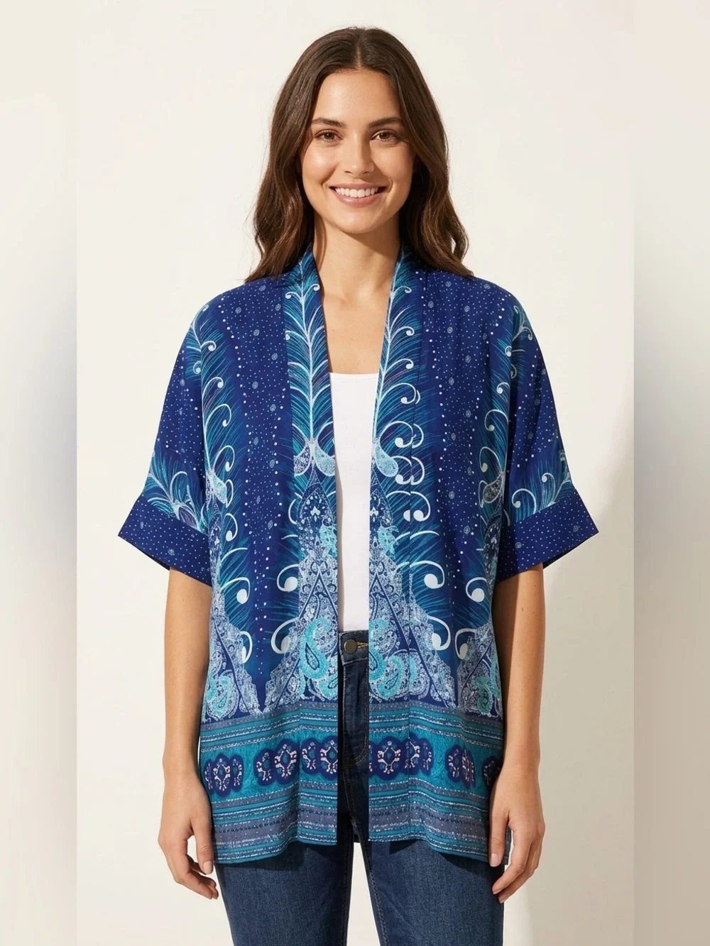 Blue Printed Swim Cover-Up Kimono