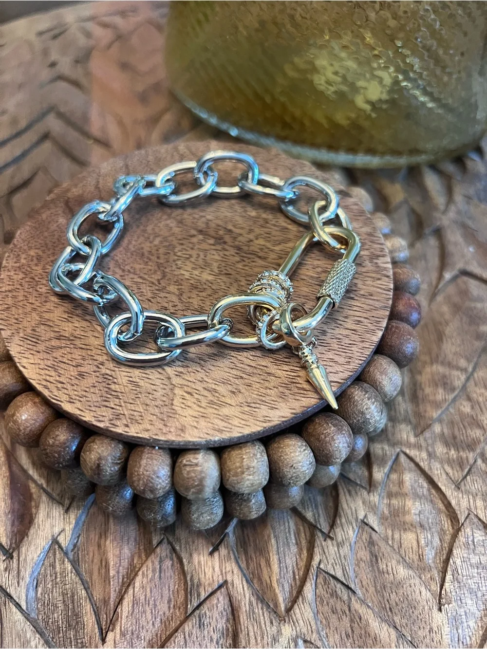 New Silver Link Chain Bracelet with Spike Charm - with rhinestone accents