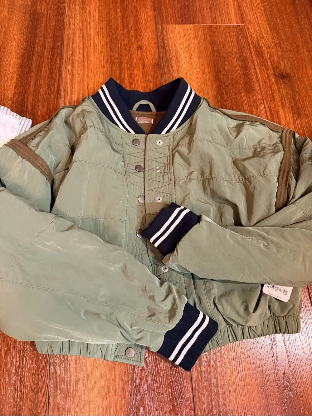 FP Movement by Free People Olive Quilted Bomber with black & White Stripe Trim