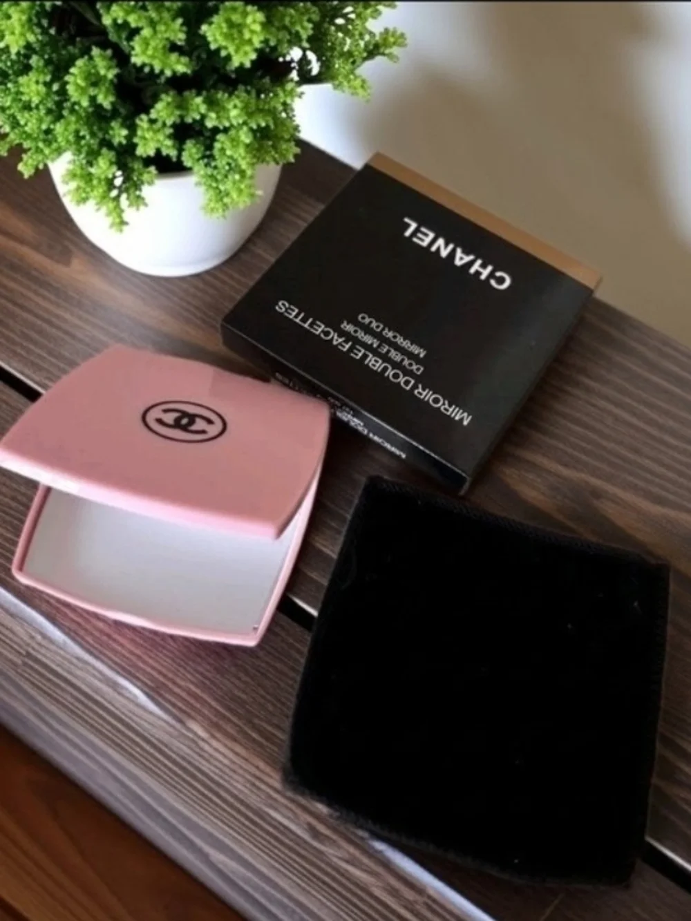CHANEL Pink Compact Travel Mirror with Black Velvet Pouch