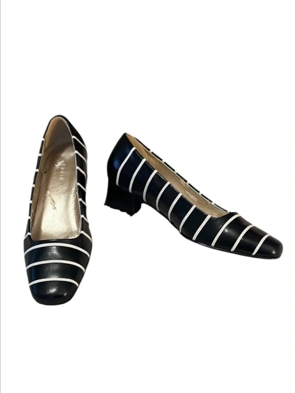 David Tate Womens Black and White Striped Leather Slip On Pumps Heels Sz 6.5W