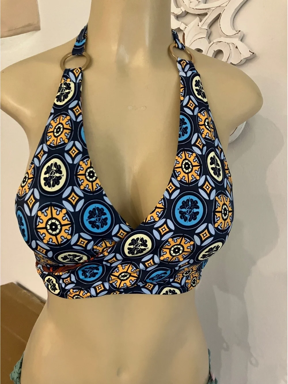 NWT Derek Lam 10 Crosby  Reversible Halter Bikini Top with Geometric Print