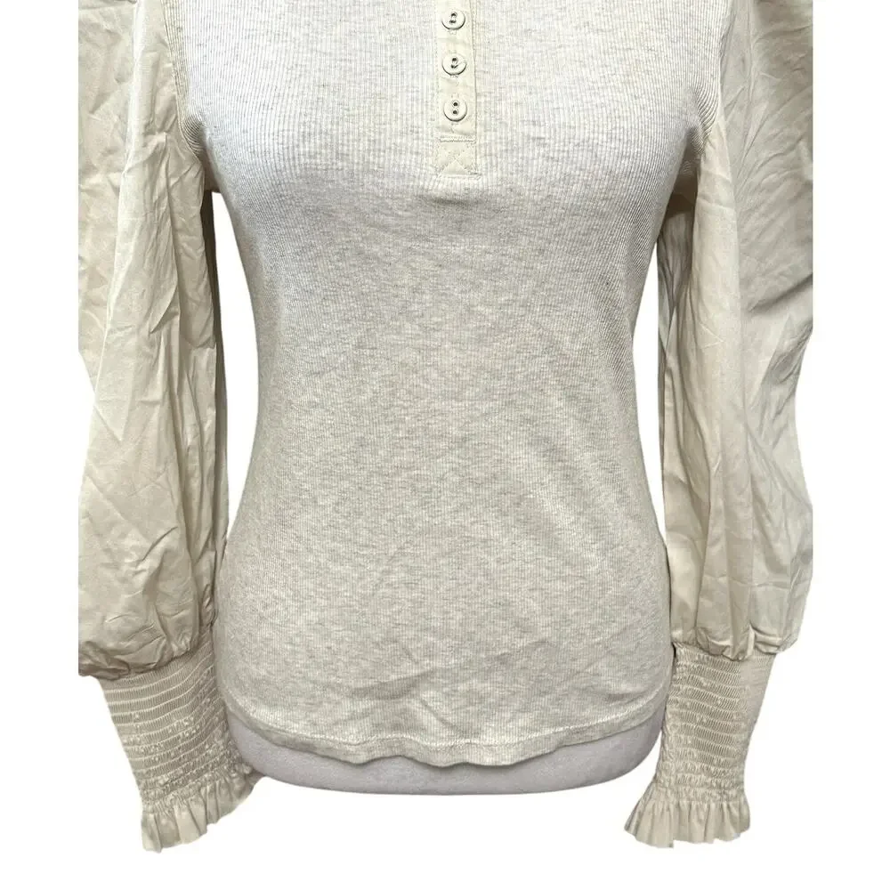 Habitual Top Henley Neckline Puff Sleeve Long Sleeve Solid Cream Girls 16 NWOT