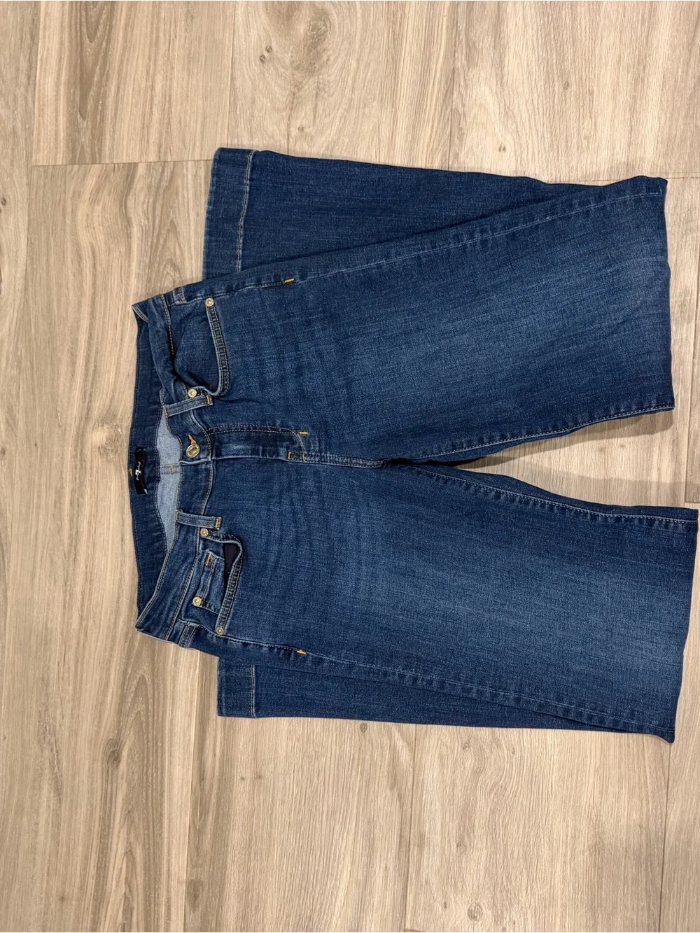 7 For All Mankind Dark Blue Wide Leg Jeans with Gold Stitching