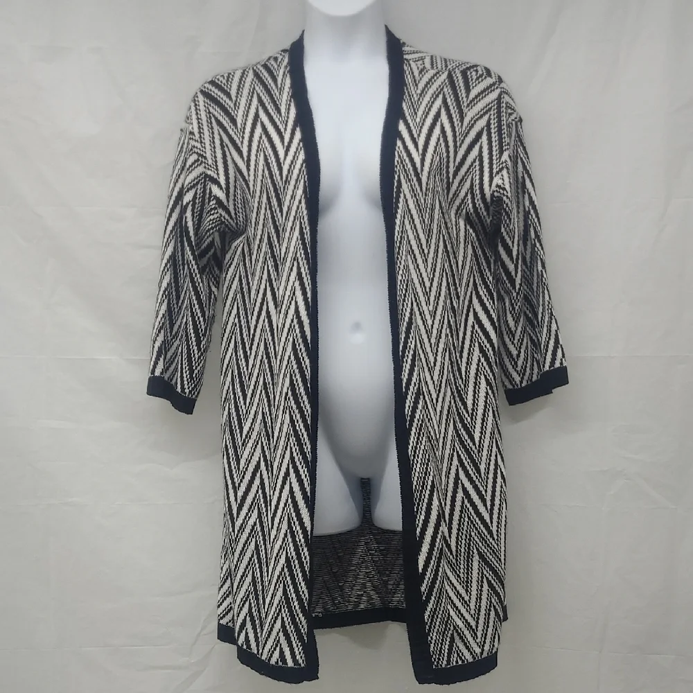 New Directions Black and White Chevron Knit Open Cardigan Midi Nordic Minimalist