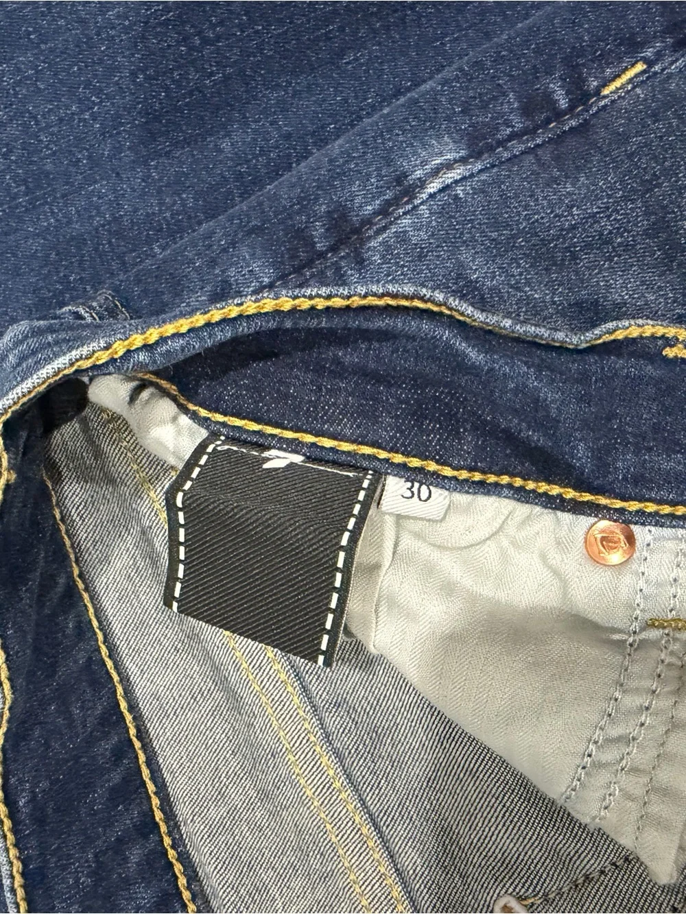 7 For All Mankind Dark Blue Bootcut Jeans with Yellow Pocket Stitching