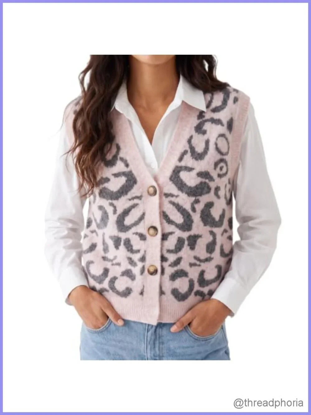 Women's Button Down Sweater Vest V-Neck Sleeveless Leopard Print Knit