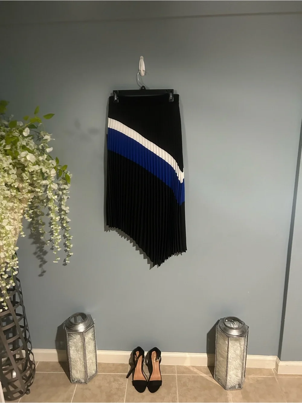 DKNY Black Asymmetrical Pleated Skirt with Blue & White Diagonal Stripe