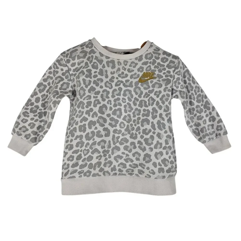 NIKE BABY GIRLS SWEATSHIRT – SIZE 12M – WHITE W/ GRAY CHEETAH PRINT COTTON BLEND