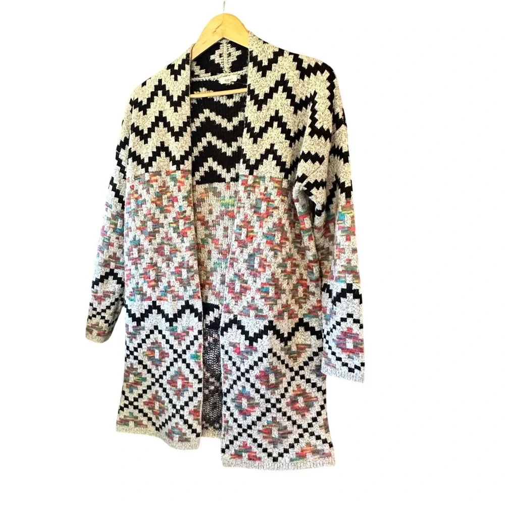 Debut Southwestern‎ Geometric Open Front Knit Cardigan Vibrant Colors Bohemian