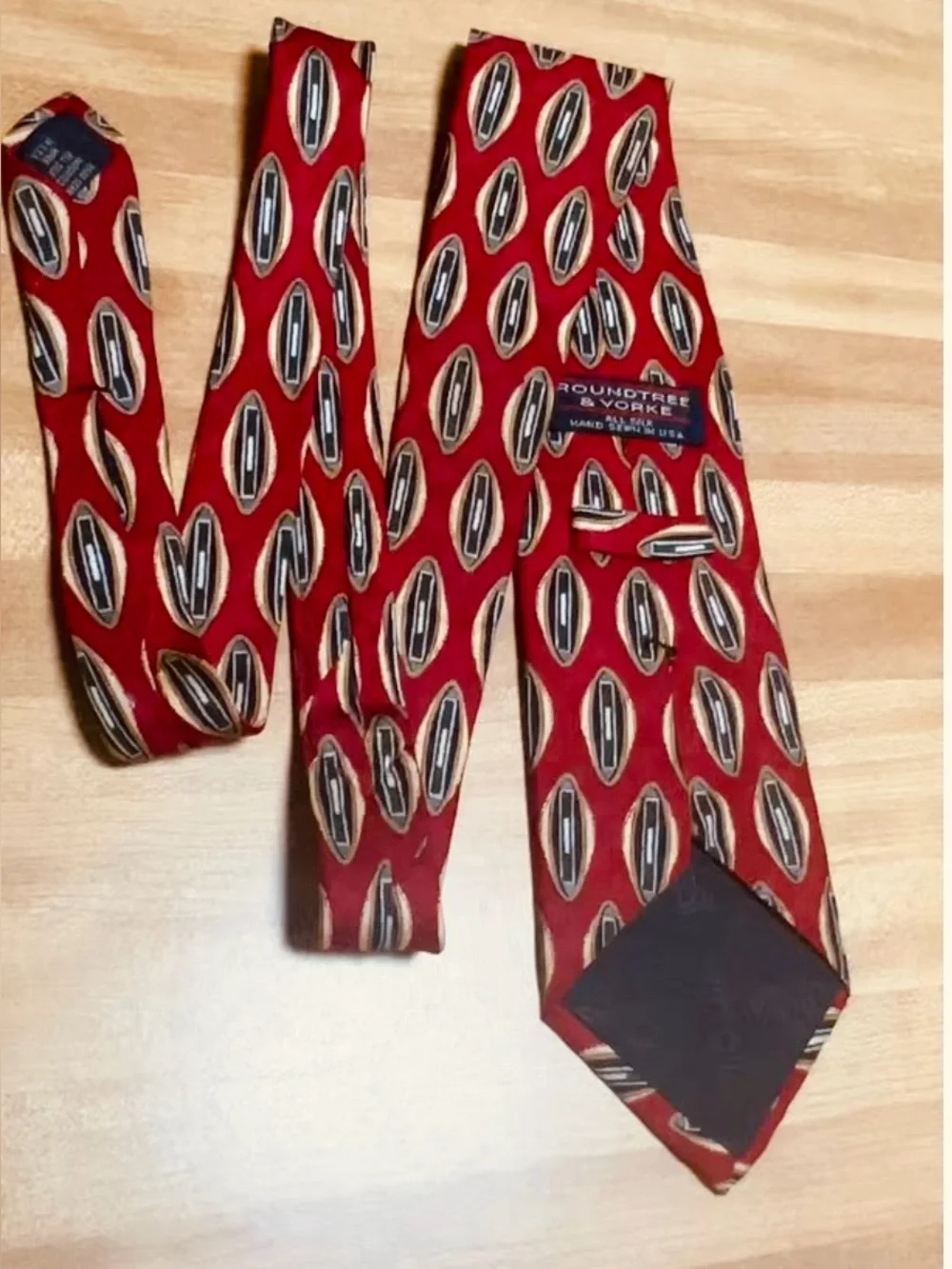 #3083*58” Inch LonRoundtree & Yorke Red Silk Tie with Black and Cream Oval Mote
