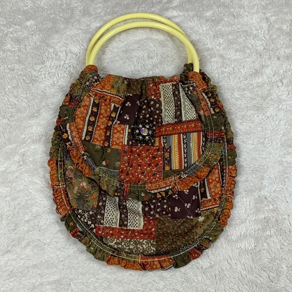 Handmade quilted round handle‎ patchwork look hobo bag