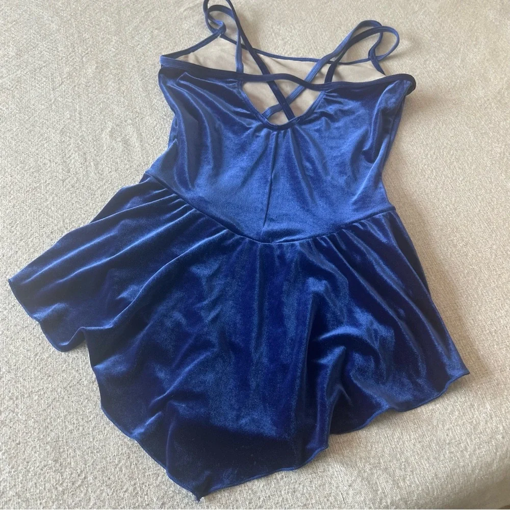 Capezio Blue Velvety Ice Skating Dress Costume Strappy Sleeveless Embellished M