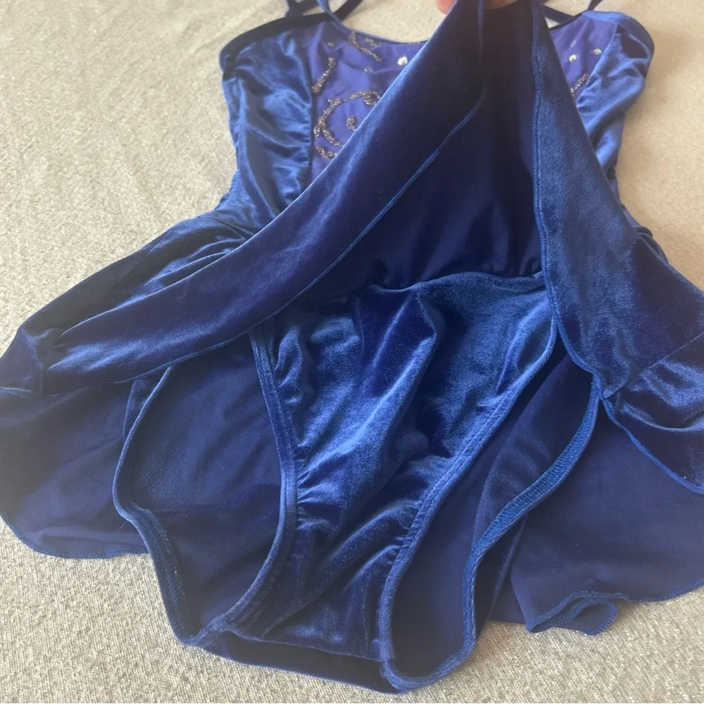 Capezio Blue Velvety Ice Skating Dress Costume Strappy Sleeveless Embellished M