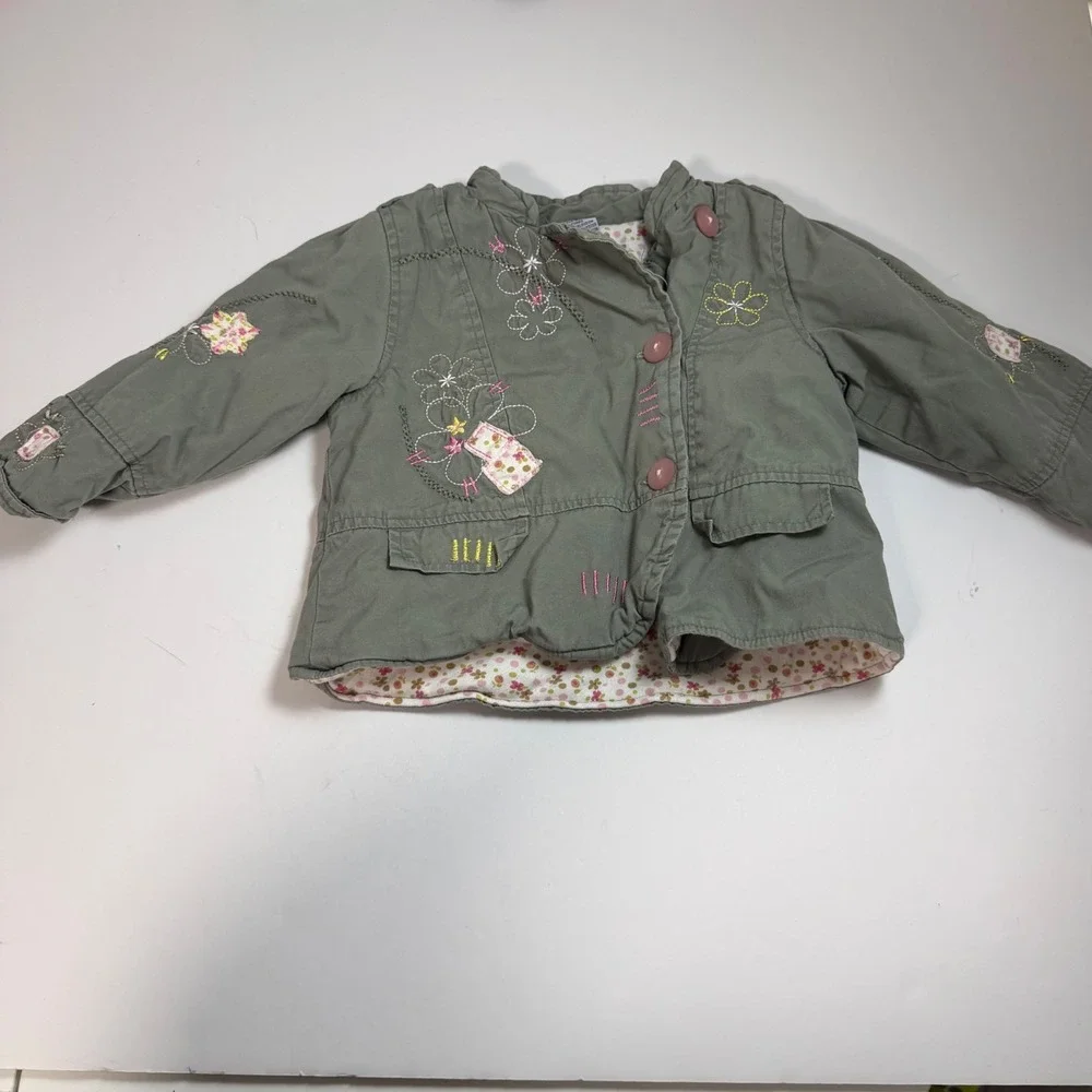 Toddler Girls Olive Green Floral Embroidered Utility Field Jacket Size 24M
