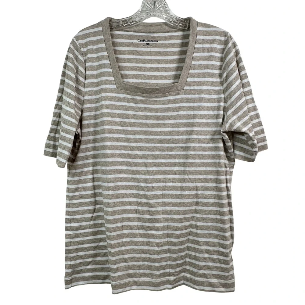 Croft & Barrow Tan White Striped Square Neck Cotton Short Sleeve Top XL