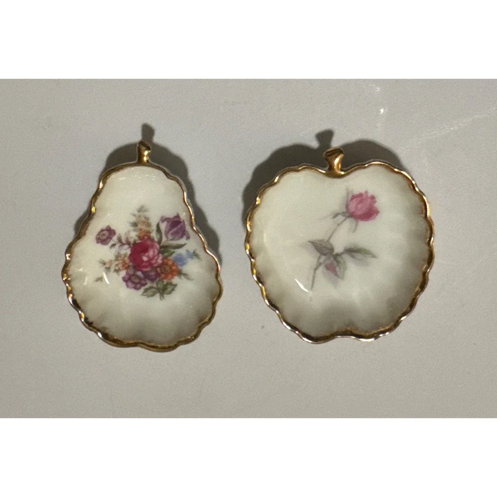 Lefton Pear/Apple‎ Tea Bag Holder Trinket Dishes Floral & Gold Trim  Japan MCM