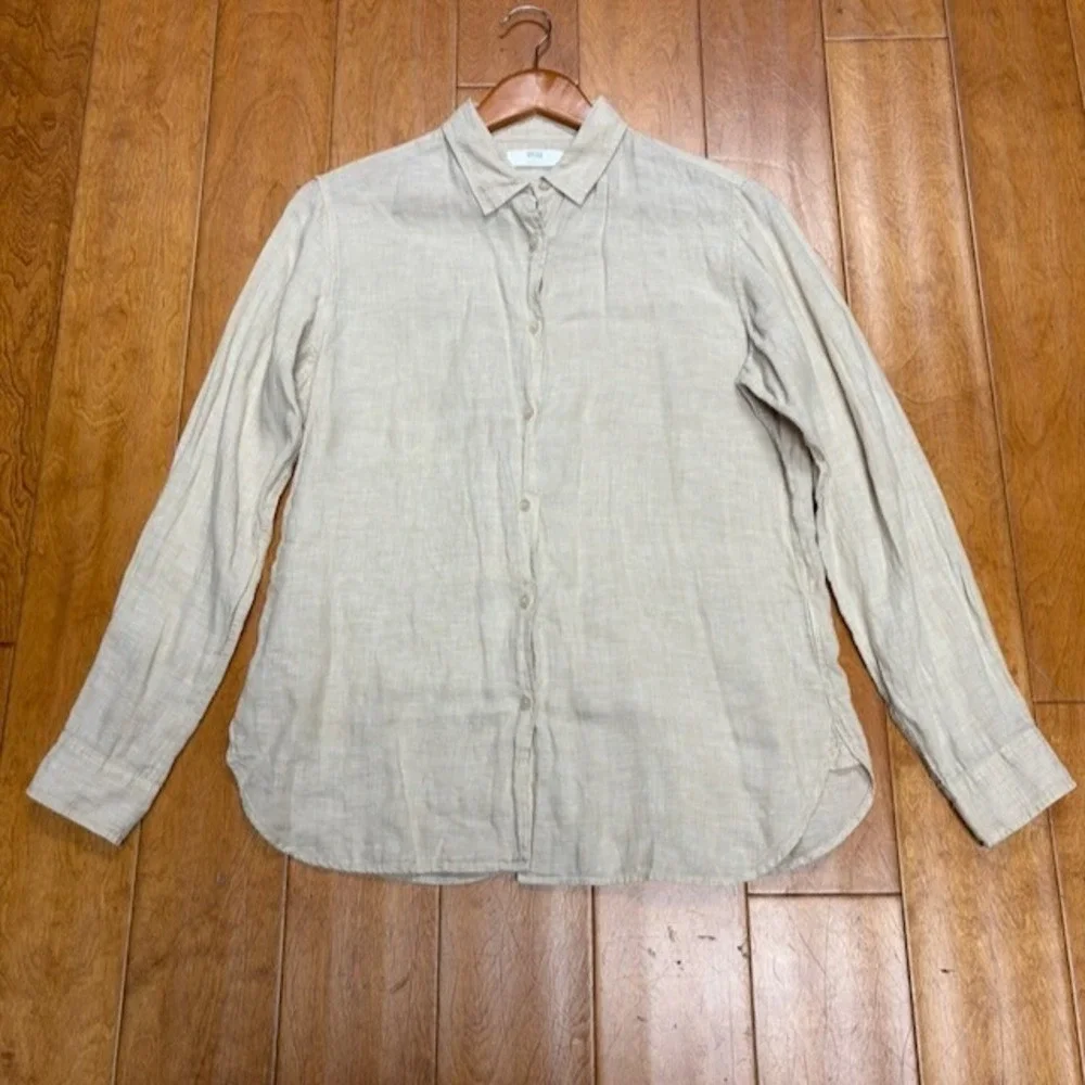 Uniqlo Womens Linen‎ Button Down Long Sleeve Shirt Size L Beige Neutral Preppy
