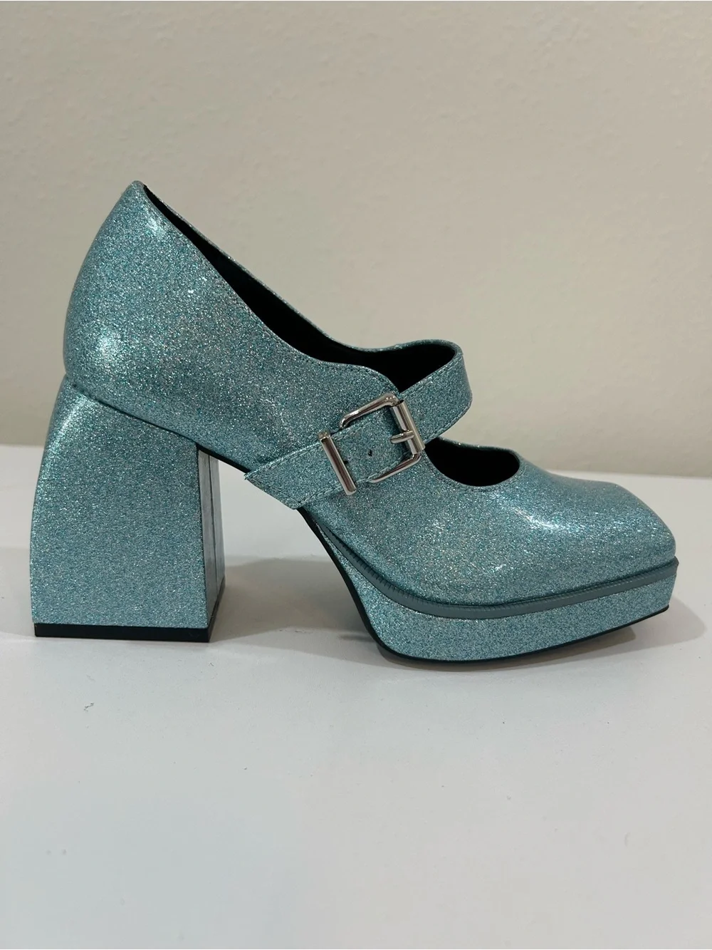 Gianni Bini 2-Night Blue Glitter Mary Jane Chunky Platform Heels Pumps Shoes