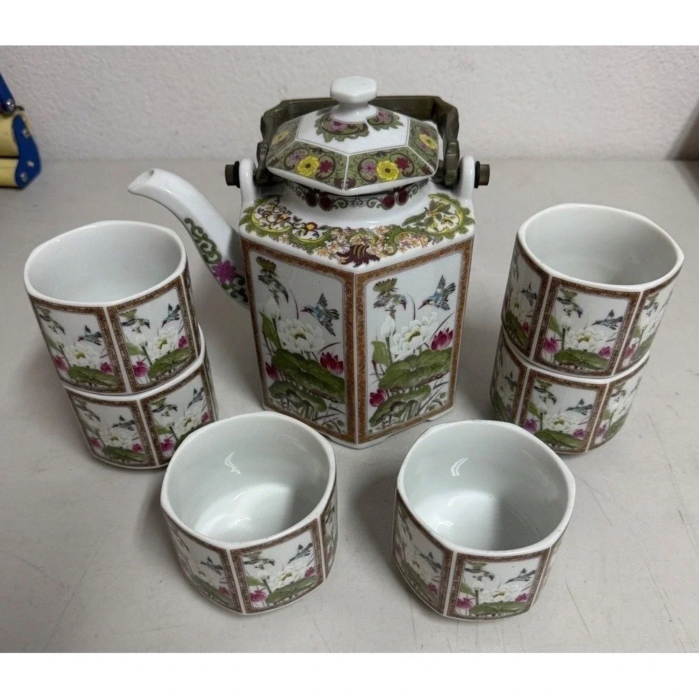 Vintage Toyo Multicolor Ming‎ Lotus Tea Set Hexagonal Teapot 6 Cups Japan