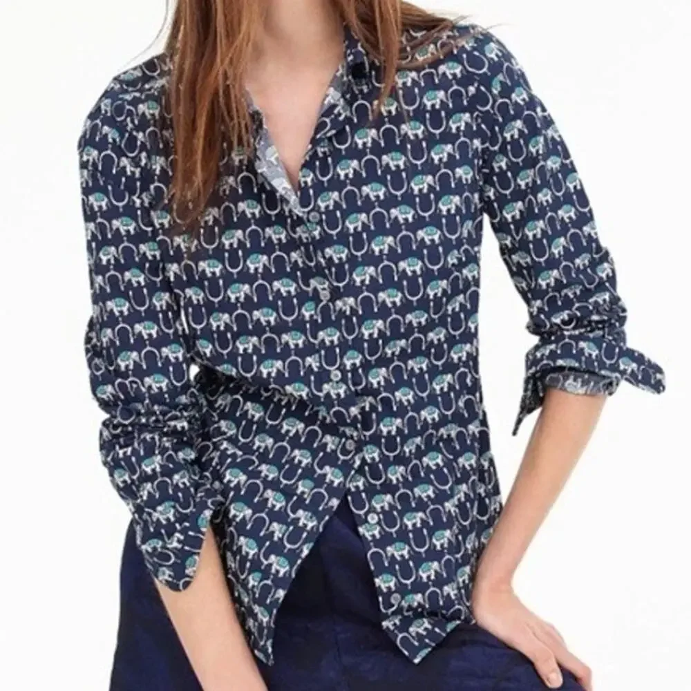 J. Crew Long Sleeve Perfect Fit Novelty Print Elephants Shirt 00 Navy Blue White