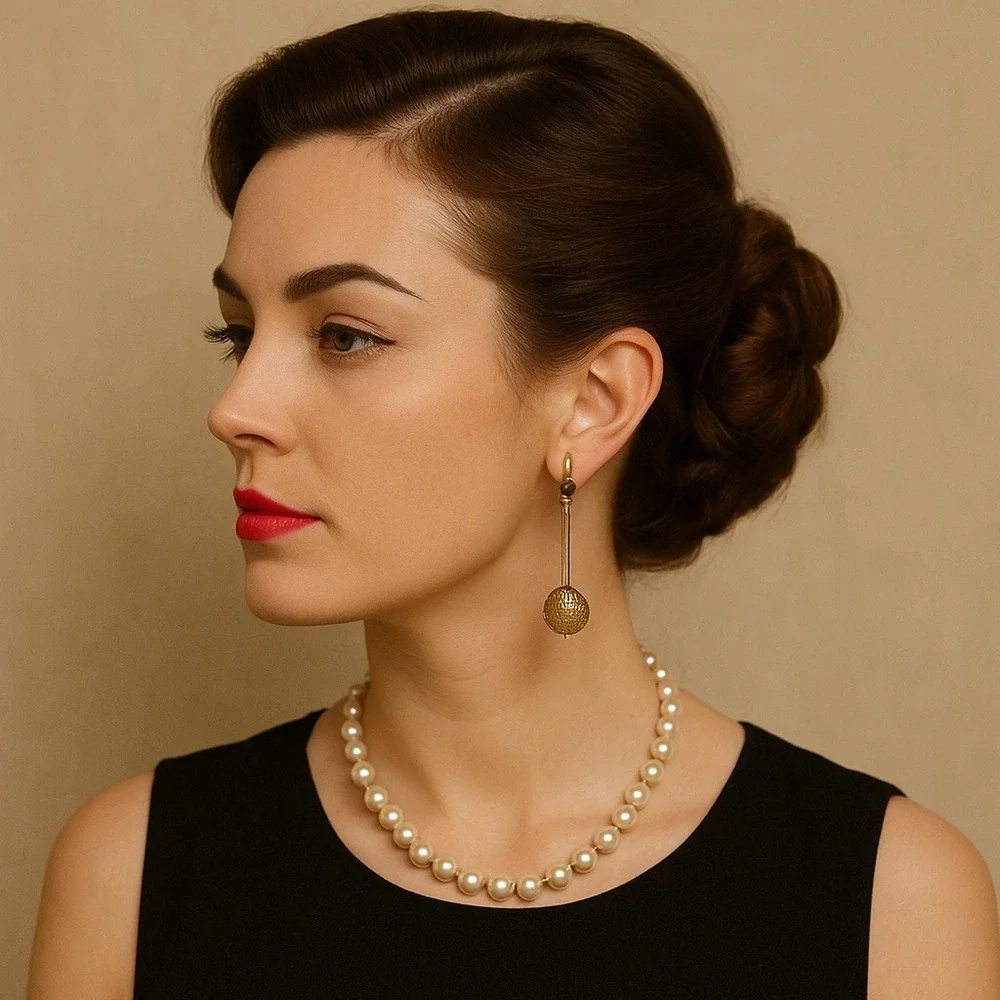 Vintage Gold-Tone Clip-On Drop Earrings Filigree Ball‎ Dangle Mid Century Glam