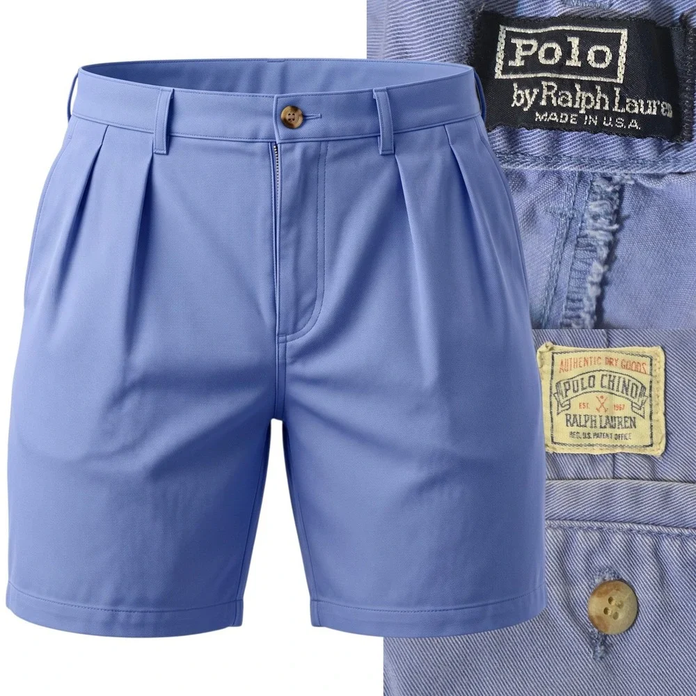 Polo Ralph Lauren Chino Shorts Men 36 Blue Pleated Cotton Twill Made in USA