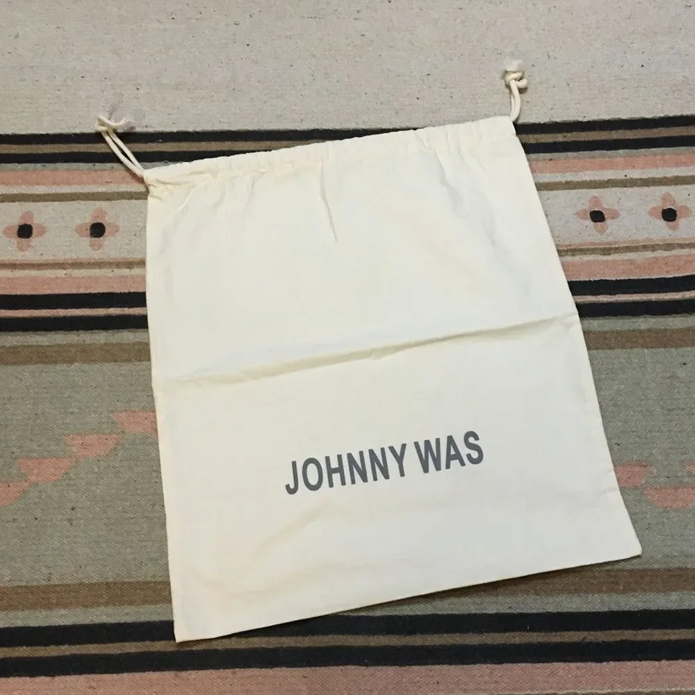 Johnny Was medium Off White drawstring dustbag logo on front Garment bag