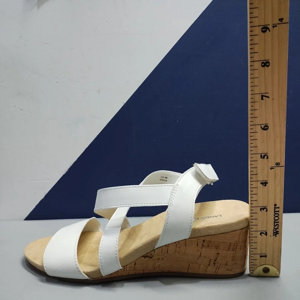 Lands' End Wedge Strappy Sandals Womens 9B White Cushioned Open Toe Hook & Loop